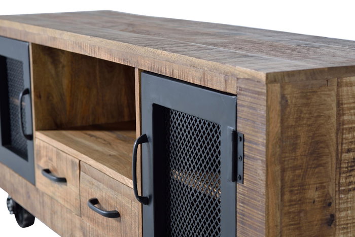 GINER Y COLOMER Meuble TV industriel en bois de manguier et métal, couleur naturel - 150 x 60 x 38 cm, structure en bois massif avec portes métal, finition artisanale